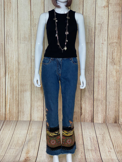 High Waisted Crystal Leather Embellished Jeans